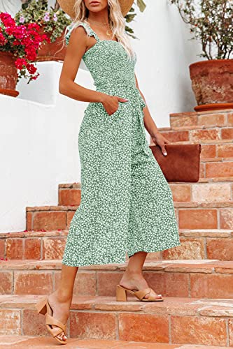 Mitilly Jumpsuits For Women Summer Boho Floral Ruffle Sleeve High Waist Wide Leg Pant Romper With Pockets Medium Green #TOP4