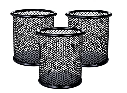 Akmy by Jackson Flag Company Pen Holder Mesh Pencil Holder Metal Pencil Holders Pen Organizer Round Padded Base Black for Desk Office - 3 Pack