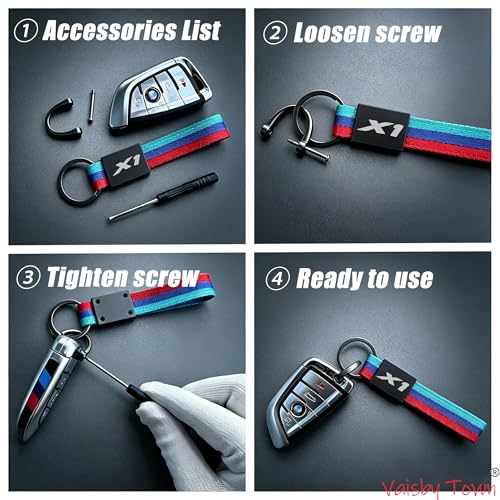 Image of Automotive Keychain compatible with BMW X1 Key Fob | Zinc Alloy Circle & D-Ring,Tricolour Nylon Strap with inchX1 inch Engraved Buckle Clip,Sporty Luxury style