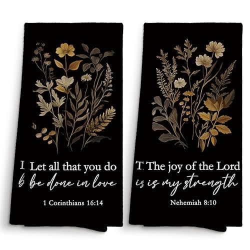 Sviojuce Vintage Black Botanical Christian Bible Verse Kitchen Towels 16x24 Set of 2, Floral Flower Scripture Dish Towels Cloths Dishcloths Tea Towel, Corinthians Bathroom Kitchen Hand Towel Decor