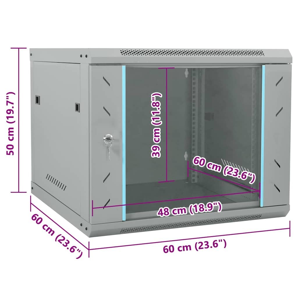 Armadio di rete 60 x 60 x 50 cm, alloggiamento da parete da 19 pollici, armadio server in acciaio con serratura, per tecnologia di rete, attrezzature informatiche, grigio