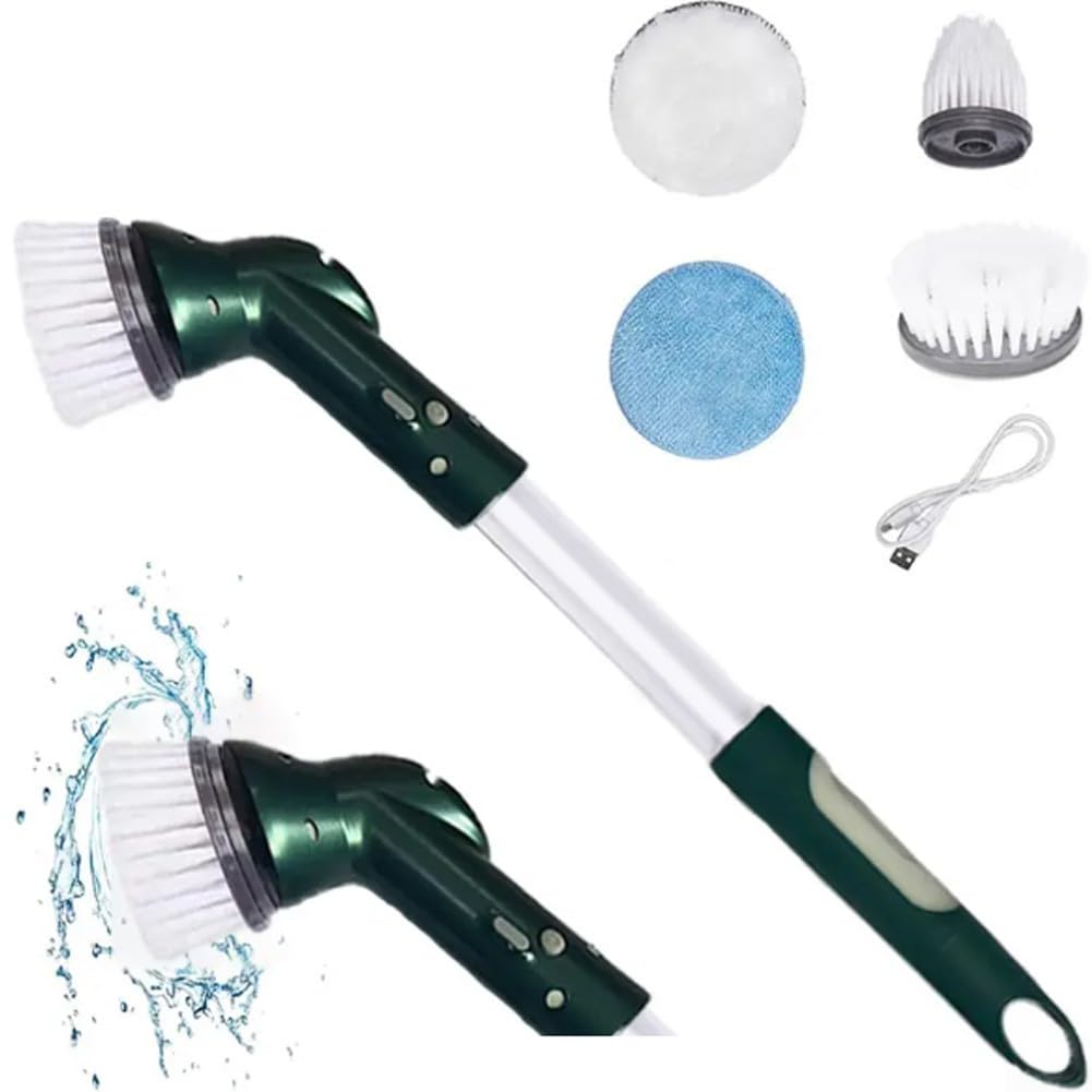 Spazzola Elettrica Per Pulizie 3 Velocità Senza Fili, Con Manico Esteso, Batteria 800mAh, Multifunzione Per Bagno, Cucina, Auto, Pavimenti (Verde)