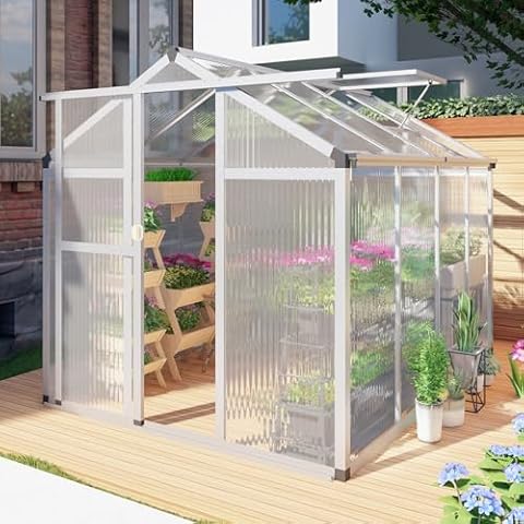 Jiliusure 6 x 8FT Greenhouse for Outdoors, Polycarbonate Garden Backyard Greenhouse with Adjustable Roof Vent, Aluminum Large Walk-in Greenhouse, Silver Cover