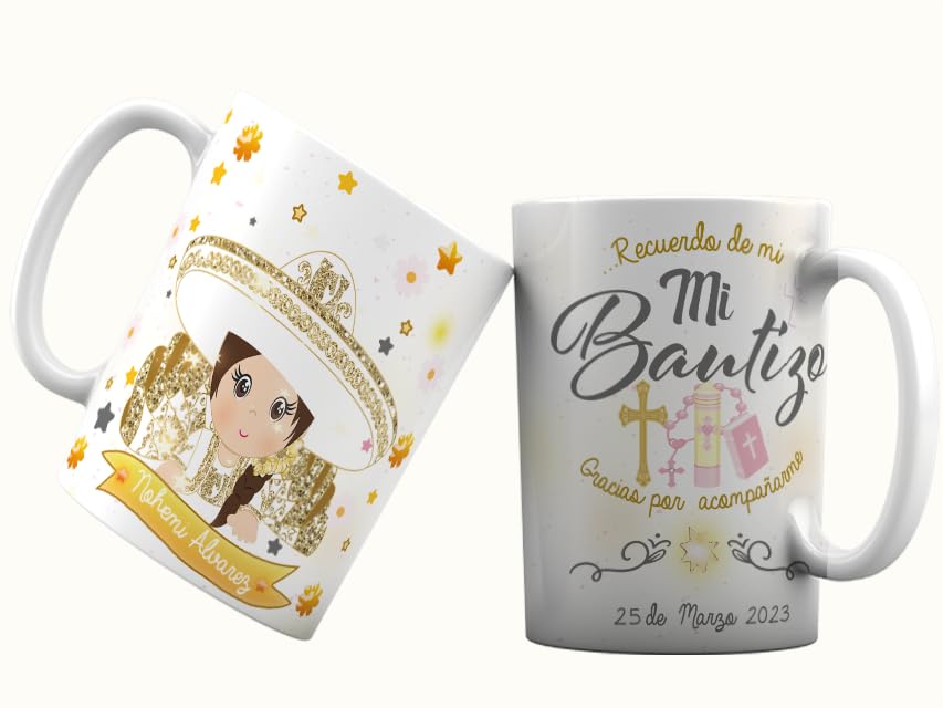 Recuerdos para Bautizo de niña, 12 Hermosas Tazas de Ceramica personalizadas de 11 oz que incluyen tarjeta de agradecimiento y moño de satin en color blanco