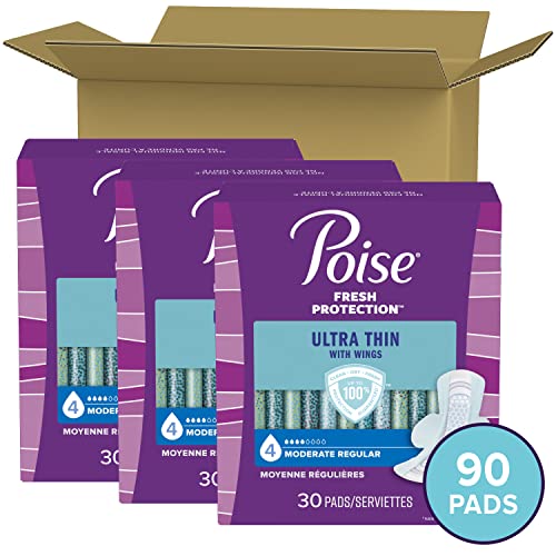 Poise Ultra Thin Incontinence Pads With Wings & Postpartum Incontinence Pads, 4 Drop Moderate Absorbency, Regular Length, 90 Count, Packaging May Vary #TOP1