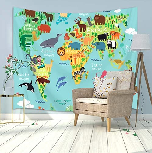 Kids Educational Animal Landmarks World Map Blue Tapestry, Wall Home Decor Art For Nursery, 60X50 #TOP6