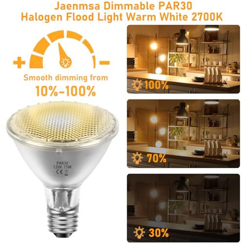 75W Par30 Halogen Flood Light Bulbs 120V,Par30 Long Neck Halogen Bulbs E26 Base,Dimmable 2700K Warm White Halogen Light Bulb 6 Pack for 5-6in Recessed/Ceiling Cans/Accent/Tracking Lighting