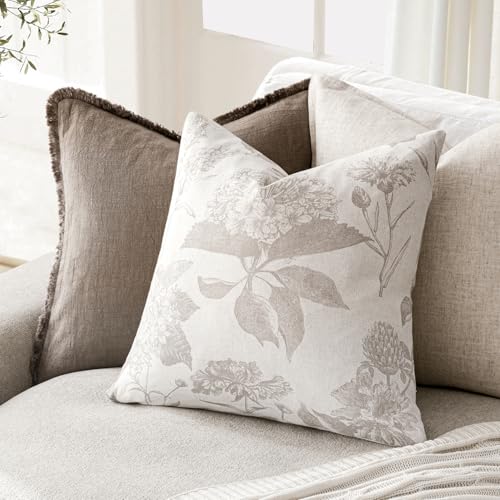 Image of Foindtower Set of 2 Linen Floral Vintage Throw Pillow Covers Neutral Accent Decorative Cushion Covers Farmhouse Boho Home Decor for Sofa Chair Couch Bedroom Living Room,24x24 Inch,Tan Beige
