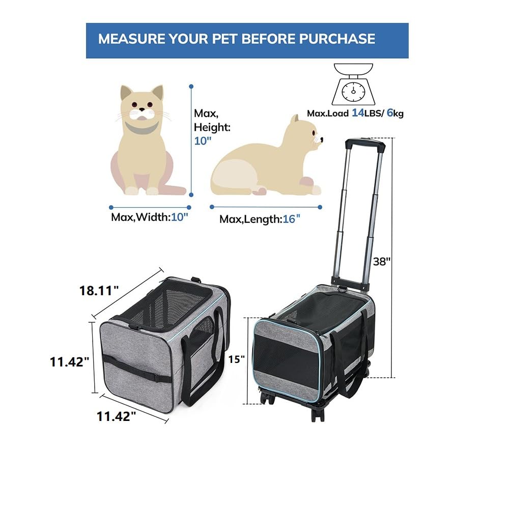 Haustiertransporter mit Rädern, Aluminiumrahmen Katze Trolley Tasche Atmungsaktive Oxford Tuch Rolling Dog Travel Carrier mit 360 ° & ausziehbarer Griff für Flugzeug Auto Zug (Black with White Edges)