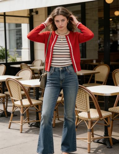 Image of Women's Cardigan Sweater Color Block Long Sleeve Crew Neck Knit Cardigan Trendy Cropped Cardigan Shrug
