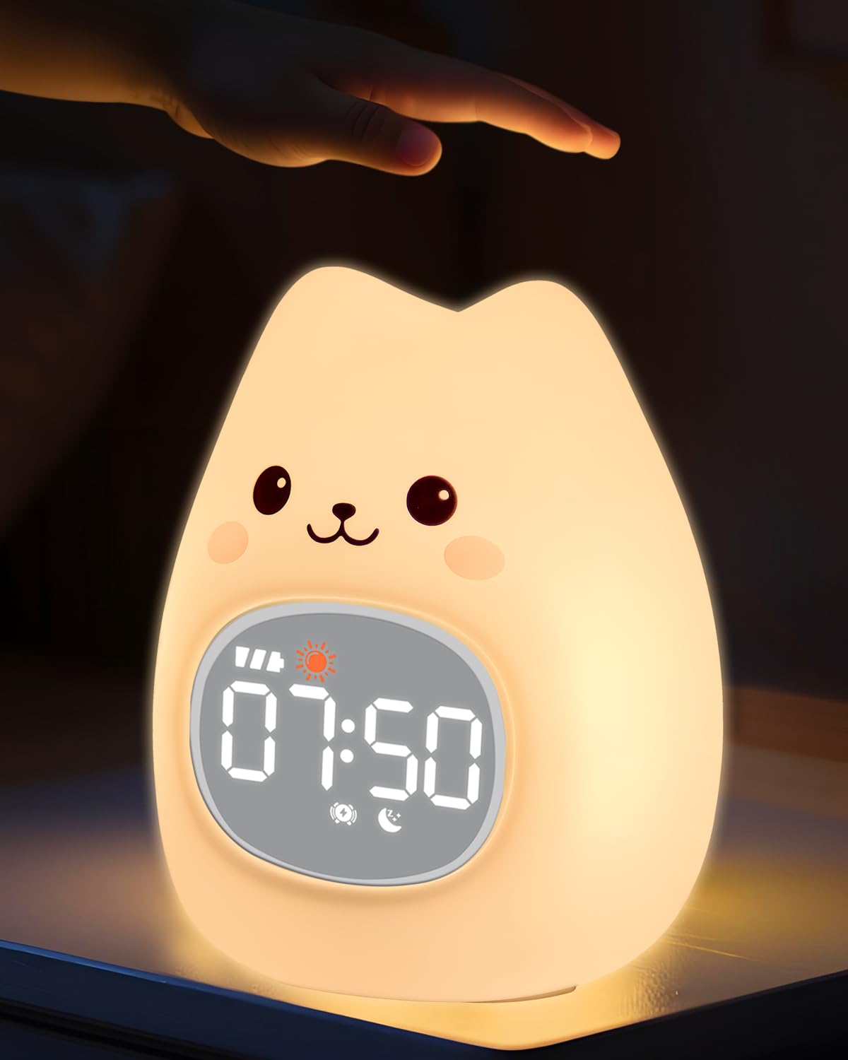 Alarm Clock with Night Light for Kids, Sleep Training Clock with Sound Machine, Rechargeable Silicone OK to Wake ClockCute Animal Tabletop Lamp, Perfect Sleep Companion for Boys Girls, Cat