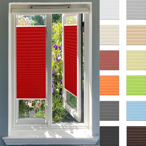 Estor Plisado 110 x 70 cm Protección Visual y Protección Solar Persianas Plisadas con Sujeción con Soportes de Sujeción para Ventanas y Puertas, Rojo