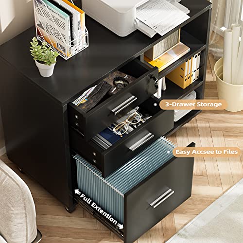 Shahoo 3 Drawer Mobile File Cabinet, Wood Lateral Printer Adjustable Open Storage Shelf, Lockable Wheels For Home Office, Black #TOP4