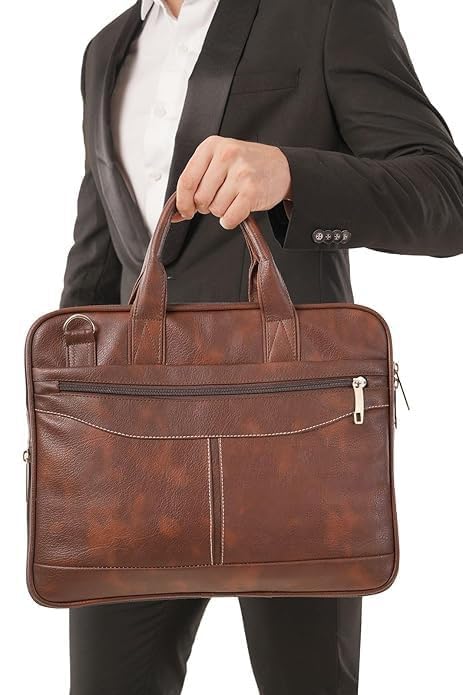 Image of Premium Leather Business Laptop Bag, Brown Messenger Briefcase with Shoulder Strap, Professional Office Work Bag