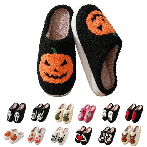 ZWRXW Halloween Slippers for Women Men, Unisex Cute Cartoon Plush Fluffy Pumpkin Slipper, Cozy Soft Memory Foam Non-Slip Home Shoes, Warm Closed Toe Fuzzy Slippers, Living Room Bedroom, Holiday Gifts3
