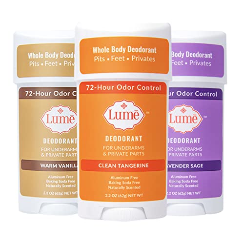 Lume Natural Deodorant - Underarms and Private Parts - Aluminum Free, Baking Soda Free, Hypoallergenic, and Safe For Sensitive Skin - 2.2 Ounce Stick Three-Pack (Clean Tangerine, Lavender Sage, Warm Vanilla)