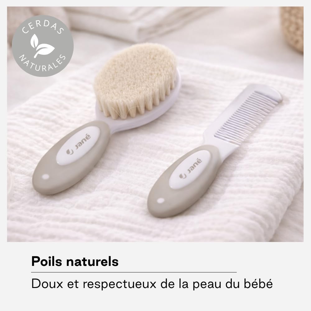 Jané Kit Hygiène Bébé avec Trousse, Set Complet Nouveau-né 8 Pièces, Brosse Poils Naturels, Ciseaux, Coupe-ongles, Lime, Brosse Dentaire Silicone, Beige