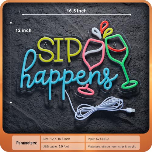 Image of Sip Happens Neon Sign Bar Sign Beer Wine LED Light Alcohol Beverages Decorx