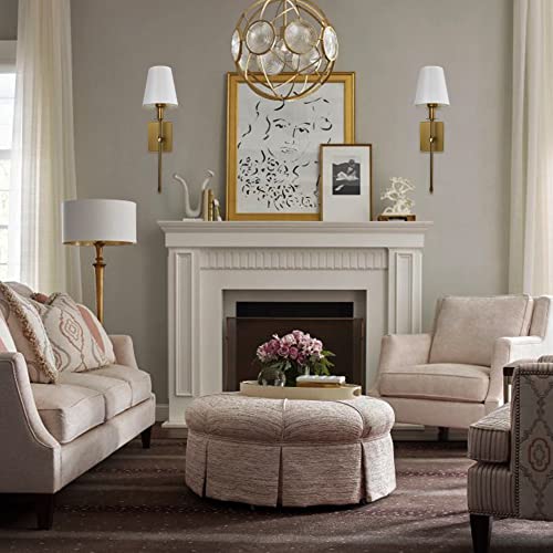 Image of Modern Antique Brass Hardwired Wall Sconces Set of 2 Slim with White Fabric Shade,Wall Lighting for Bathroom Vanity Mirror Living Room Dining Entryway Fireplace Mantel Theater Room Bedside