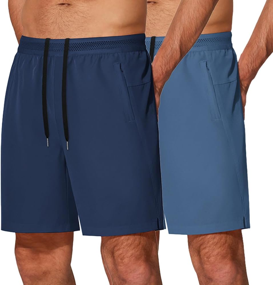 COOFANDYMens Athletic Running Shorts 7'' Gym Workout Shorts 2 Pack Drawstring Training Shorts with Zipper Pockets