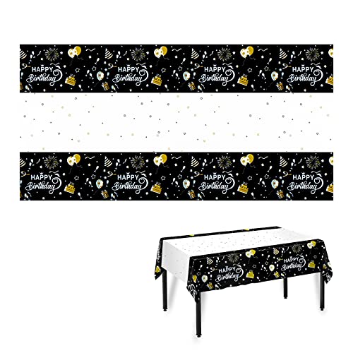 Skyzone Birthday Table Cloth, 2 Pcs Black and Gold Party Tablecloth Disposable Table Covers, 20th 30th 40th 50th 60th Happy Birthday Decoration Tablecloths for Women Men Birthday Party