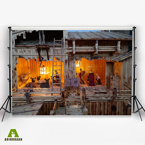 Aoihrraan 3x2m Nativity Scene Photography Backdrop Shabby Wood House Barn Little Sheep Birth of Jesus Night Background Bible Story Church Sanctuary Decoration Christian Pray Photo Studio Props - Image 3