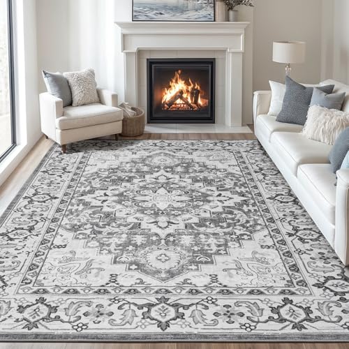 Lofus 8x10 Area Rugs for Living Room, Washable Area Rug, Rugs for Bedroom, Kitchen, Vintage Boho Carpet, Soft Non-Slip, Low Pile Large Area Rug for Office Dining Room, Floral Grey