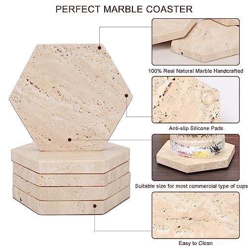 Worhe Marble Coaster Set Of 5 Hexagon Natural Cream Travertine Stone Drink Coaster For Table Protection Housewarming Gift Bar Coaster Decoration Gift For Christmas Birthday Anniversary (Dl009) #TOP2