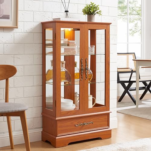 Image of 47 inch H Lighted Curio Cabinet Display Case, Glass Cabinet with Adjustable Shelves,Tempered Glass Door and Drawer, Wooden Curio Cabinet with Mirrored Back Pane for Living Room (Dark Oak)