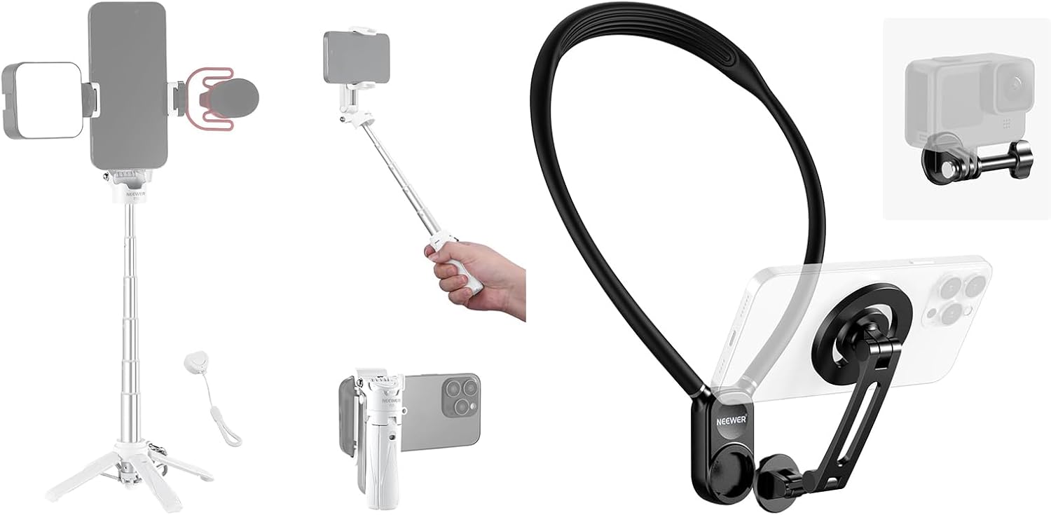 NEEWER Selfie Stick & Magnetic Neck Holder for Action Camera & Phone, White Lightweight Foldable Travel Tripod with Remote Compatible with iPhone for YouTube/TikTok Vlogs Live Streaming Photography