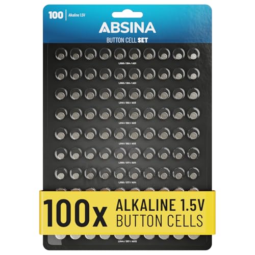 ABSINA Button Batteries Mixed Pack of 100 Alkaline 1.5V
