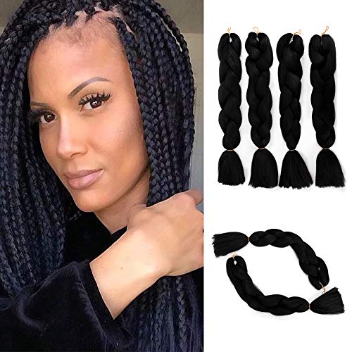 GX Beauty Black Jumbo Braiding Hair 24 Inch Kanekalon Crochet Braids Hair for African American Women 4Packs 100g/Pcs(Black Color)