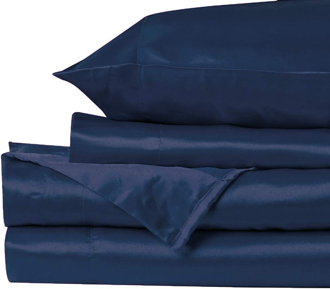 4pc California King Size Satin Sheet Set Solid Navy Blue Super Soft Touch Bridal Cozy Adorable Deep Pocket New (Navy Blue, California King)
