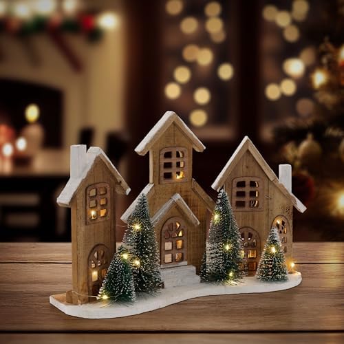 Village De Noël Lumineux à LED - Ensemble Décoratif Avec Maisons Et Figurines Pour Cheminée Ou Table - Alimenté Par Piles, Résine ABS - 10x7x5cm