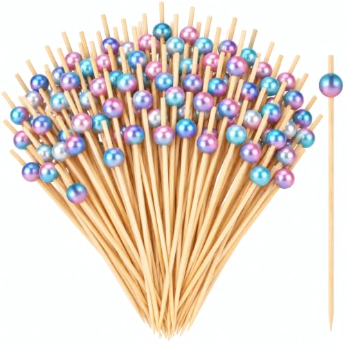 ALINK Rainbow Pearl Cocktail Picks, 100 Pack, 4.72 Inch Bamboo Skewers