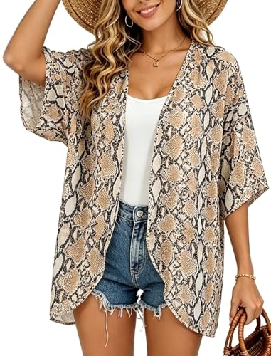 Image of FINOCEANS Womens Floral Chiffon Kimono Cardigans Loose Beach Cover Up Half Sleeve Tops