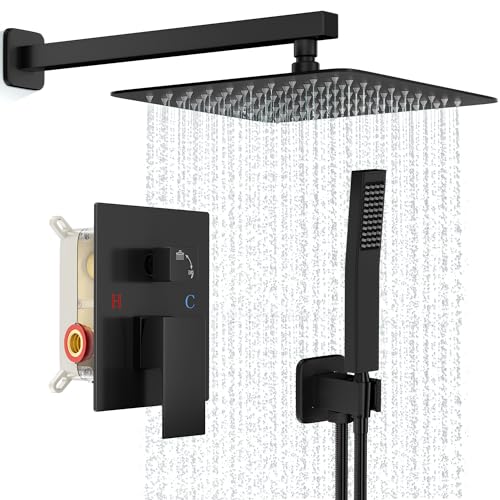 FPXRNG Shower Faucet Set Rainfall Shower System with Square Shower Head and Handle Set Rough-in Valve and Metal Trim Kit Included Matte Black 12 Inch Wall Mounted Shower Fixtures