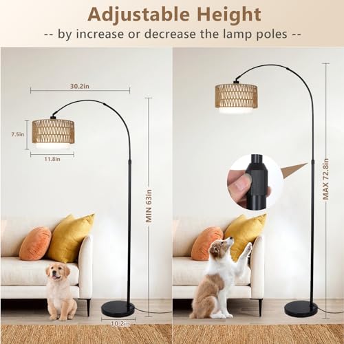 Image of eyassi Arc Floor Lamp with Remote, Modern LED Floor Lamp with Dimmable Bulb, Boho Farmhouse Standing lamp with Fabric & Rattan Lampshades, Height Adjustable Black Tall Lamp for Living Room Bedroom