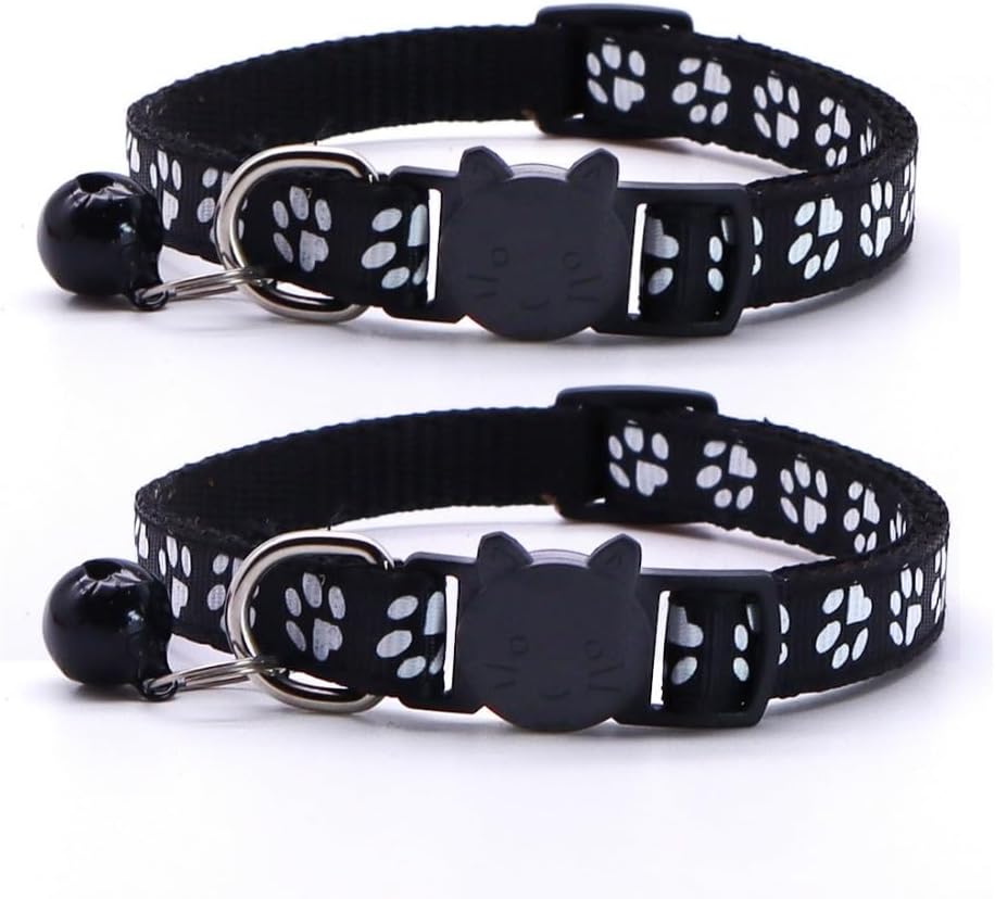 Reflective Cat Collars Breakaway with Bell 2-Pack Girl Boy Pet Kitten Collar with Star Moon Patetrn Adjustable 7.5-12.5 Inch (Black)