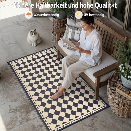 PureCozy Outdoor Teppich Wetterfest,120x180cm Waschbarer Camping Balkon Teppiche Wendbar UV-bestandig Carpet, Outdoorteppich für Balkon,Garten,Wohnmobil,Deck,Hinterhof,Schwarz & Beige