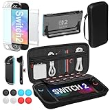 Teyomi 4-in-1 Switch 2 キャリングケース/EVAハードシェル収納ケース、クリア Switch 2 保護ケース、ドック対応、強化ガラススクリーンプロテクター1枚、PCコントローラーカバー2枚、ゲームカードスロット12個、ジョイスティック8本 (ブラックPU素材)