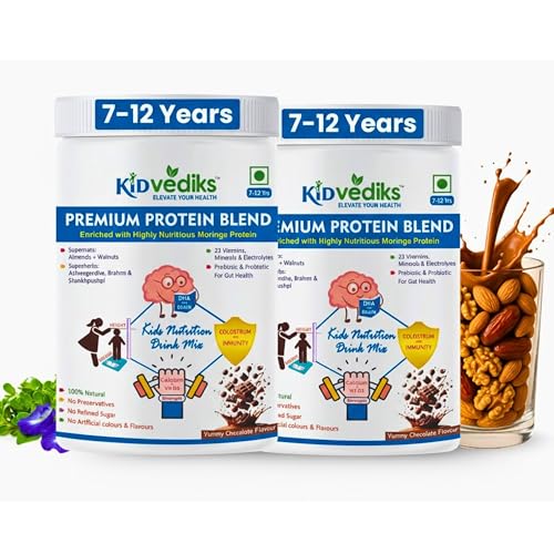 Image of KidVediks Kids Nutrition Drink Mix | Ages 7-12 | Pack of 2 ( 350gm Each) - 8g Protein /Serving | 5 Premium Protein Sources | 23 Vitamins & Minerals | No Refined Sugar, Artificial Flavours or Preservatives| Yummy Chocolate Flavour | Supports Healthy Growth & Immunity - 350g
