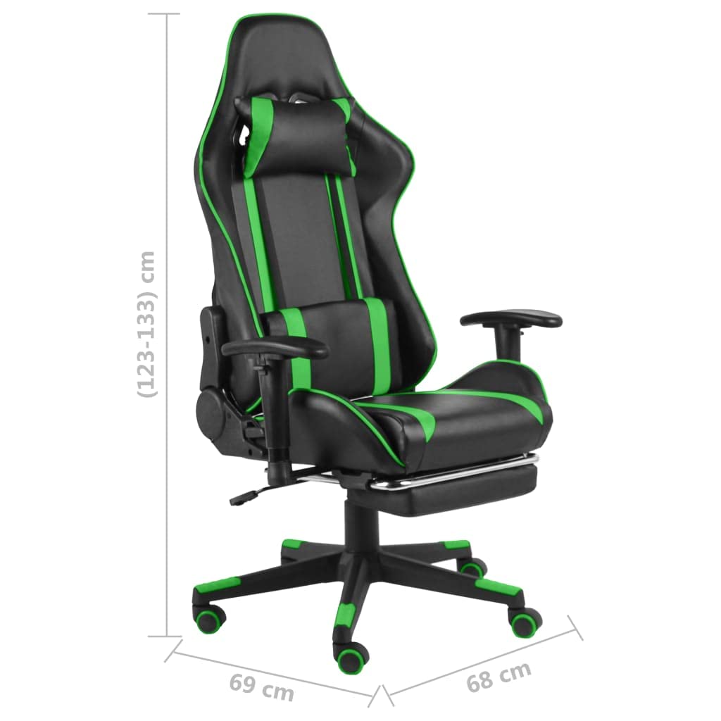Silla de gaming con reposapiés y ruedas, ergonómica, ajustable, con cojín cervical y lumbar, giratorio para oficina, oficina en casa, jugar, PC, juegos y habitación juvenil en color verde PVC