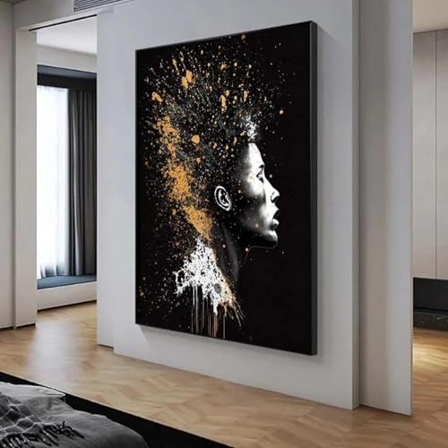 Affiches art mural abstrait salon de peinture sur toile femme noire graffiti noir or 80x120cm