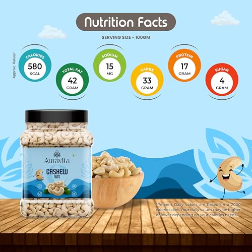 Image of Auravita Premium Whole Cashews 500gm | Natural and Unsalted Kaju Ideal for Dieting, Snacking, Cooking, and Baking | Protein Rich Kajau Dry Fruits Perfect for Gifting