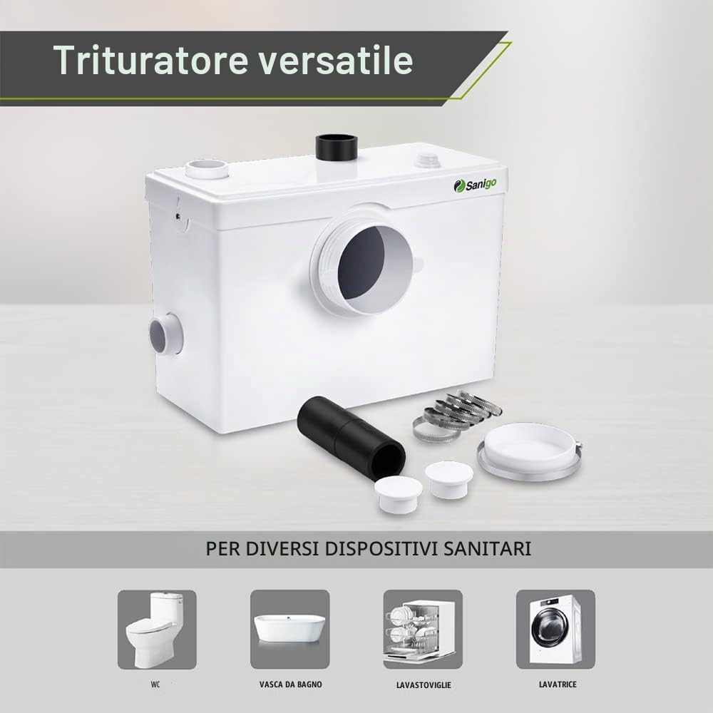 SANI600 Trituratore Sanitario Classico, Pompa Automatica in Acciaio Inox per Eliminare le Acque Reflue, Silenziosa, 3/1 ingressi per WC e lavabo, 600W, Bianco