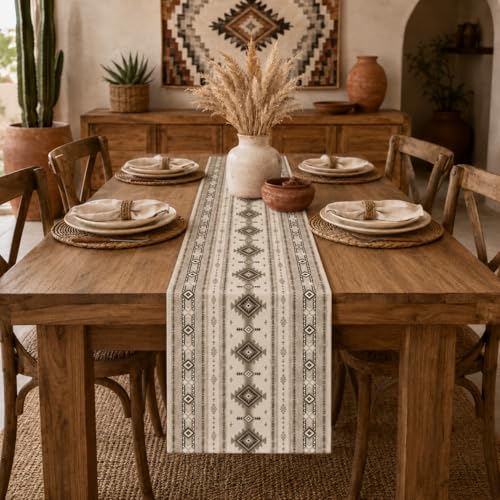 Image of Boho Geometric Aztec Table Runner, Southwest Aztec Tribal Pattern Linen, Rustic Dining Table Decor for Farmhouse Kitchen 13x90 Inch