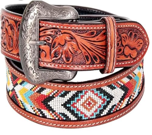 Men's Leather Belt Handmade Beaded Quality Thick Durable Wax Colorful Designs Cowboy Western Style Alloy Classic Fitted Casual Formal Wear in Pant Trouser Jeans Size: Waist 31-34in - Length 39in3