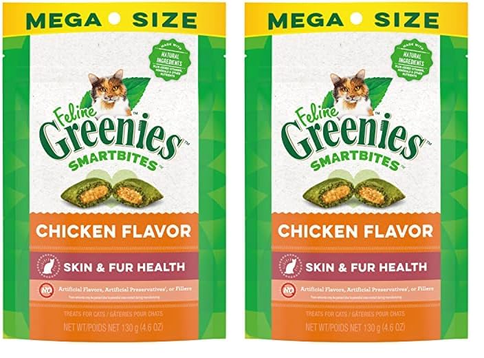 GreeniesFeline Smartbites Skin & Fur Crunchy and Soft Natural Cat Treats, Chicken Flavor, 4.6 oz. Pack (Pack of 2)