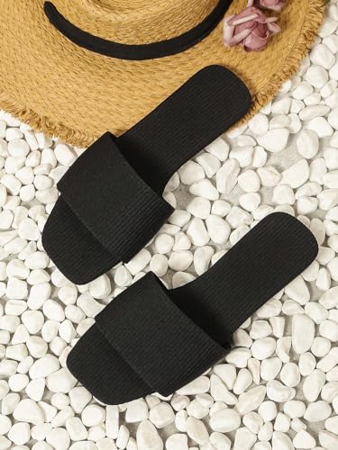 Verdusa Women'S Square Open Toe Flat Summer Slide Sandals Beach Flats Black 9 thumb #1